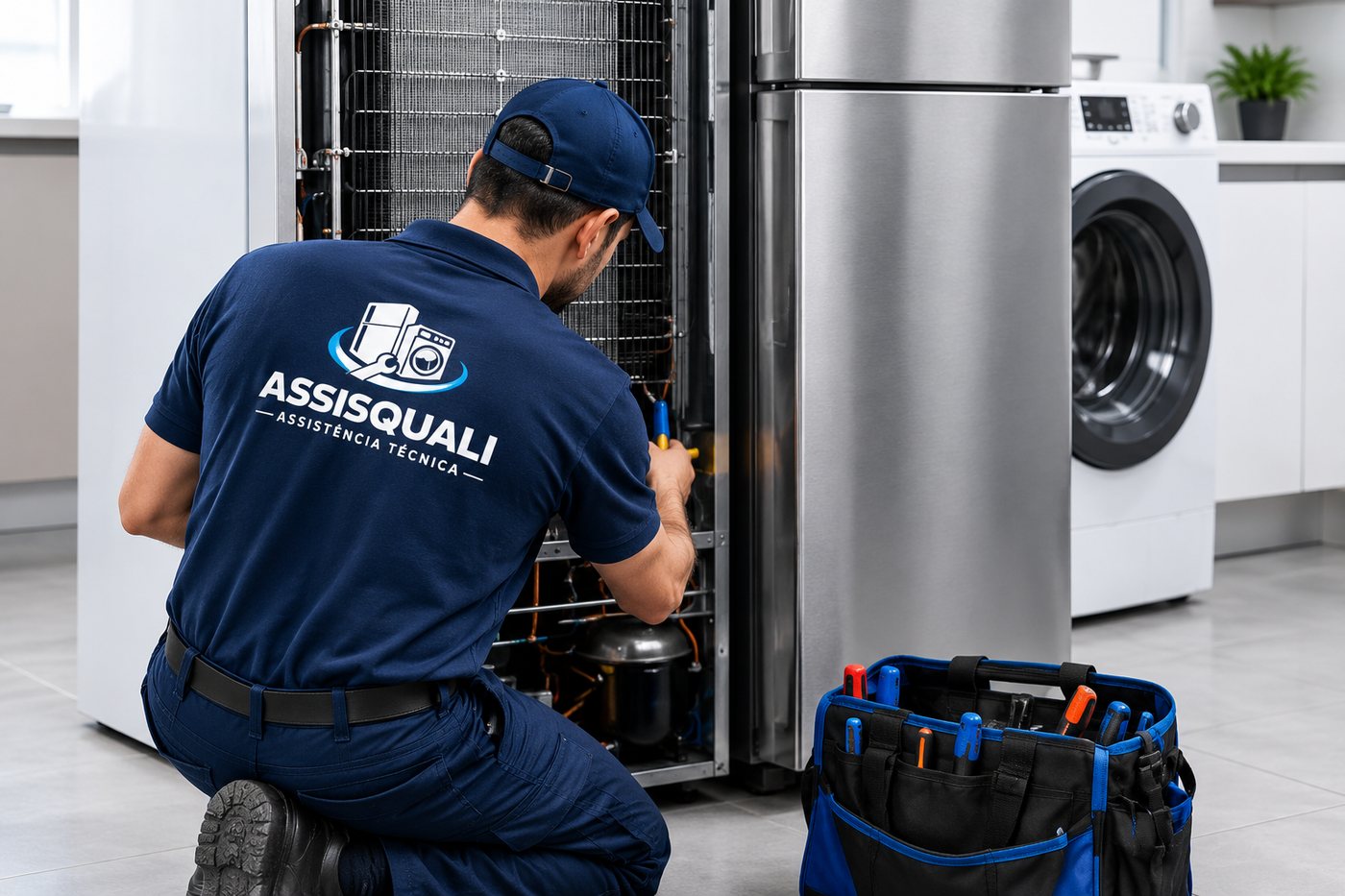 Assistência Técnica Autorizada de Geladeiras e Lava e Seca em São Paulo 1 Técnico Assisquali de costas realizando manutenção em geladeira, com máquina de lavar ao fundo